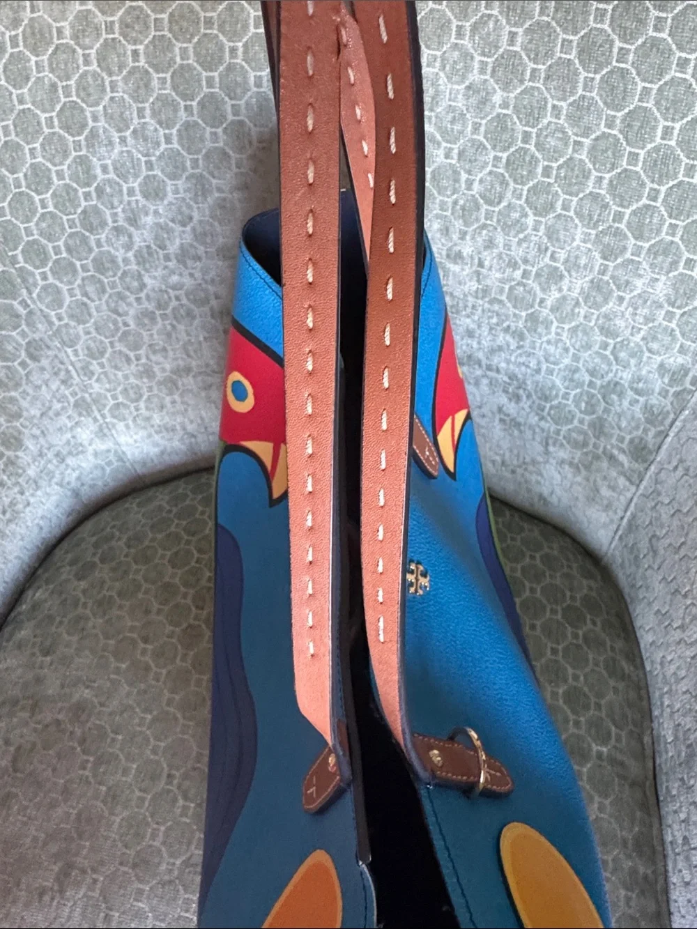 Tory Burch Kerrington Blue Parrot Tote with Brown Leather Handles